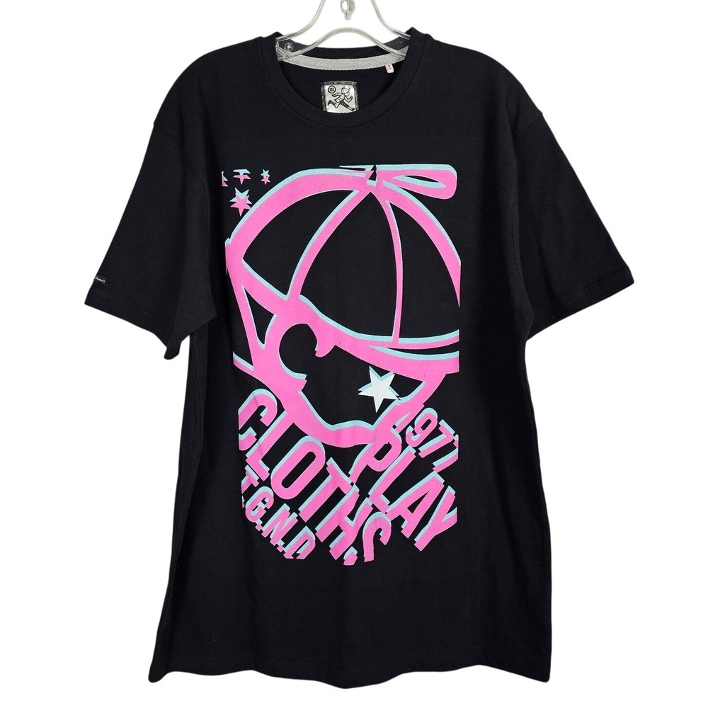 Play Cloths Mens XXL Black Neon Pink Blue Graphic Logo‎ T-Shirt 1977 G.N.D. Tee